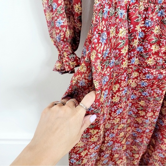 Melloday Nordstrom red floral long sleeves elastic Waist midi boho dress NWT - Picture 4 of 8